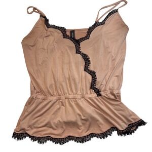Adore Me | Camisole Top | Medium | Beige with Black Lace Trim Sleeveless‎